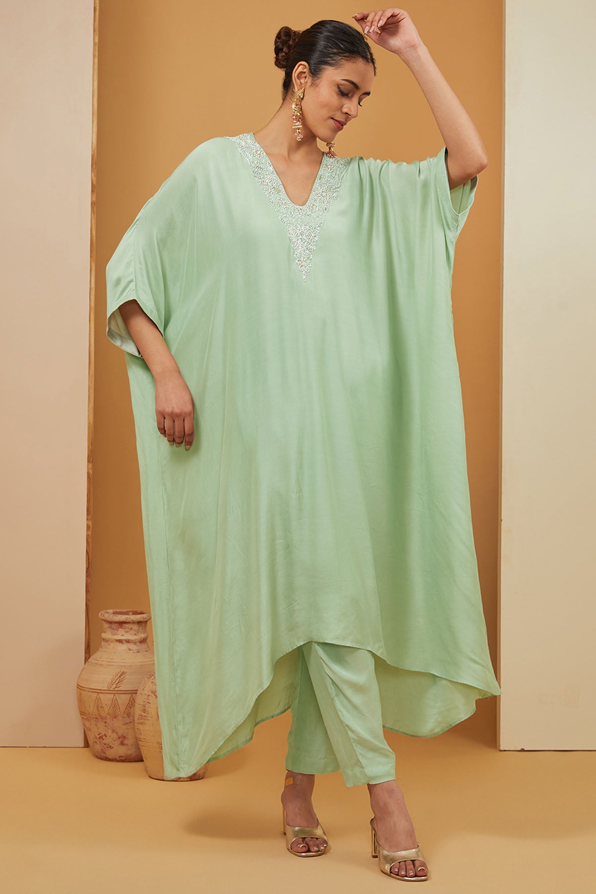 Designer Neha Khullar Green Embroidered Kaftan Set for Women Online